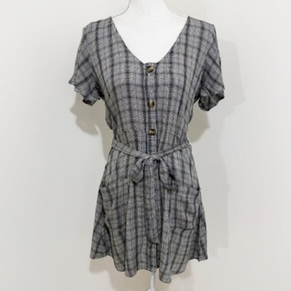 American Eagle Black & Gray Plaid Dress Short Sleeve Button Front Size XS - Picture 2 of 6
